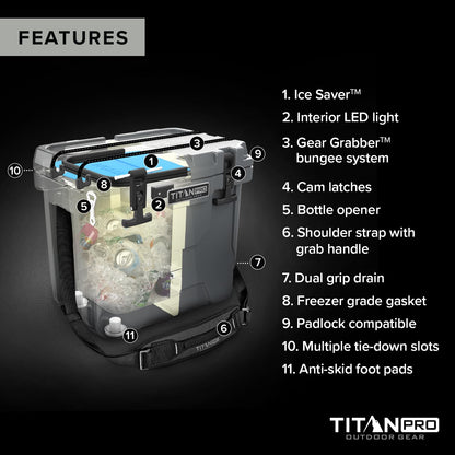 Titan PRO High Performance Ice Chest - 25 Quart Capacity - Hard Cooler with Interior LED Light, Ice Saver Performance Booster and Microban Protection - Granite Gray