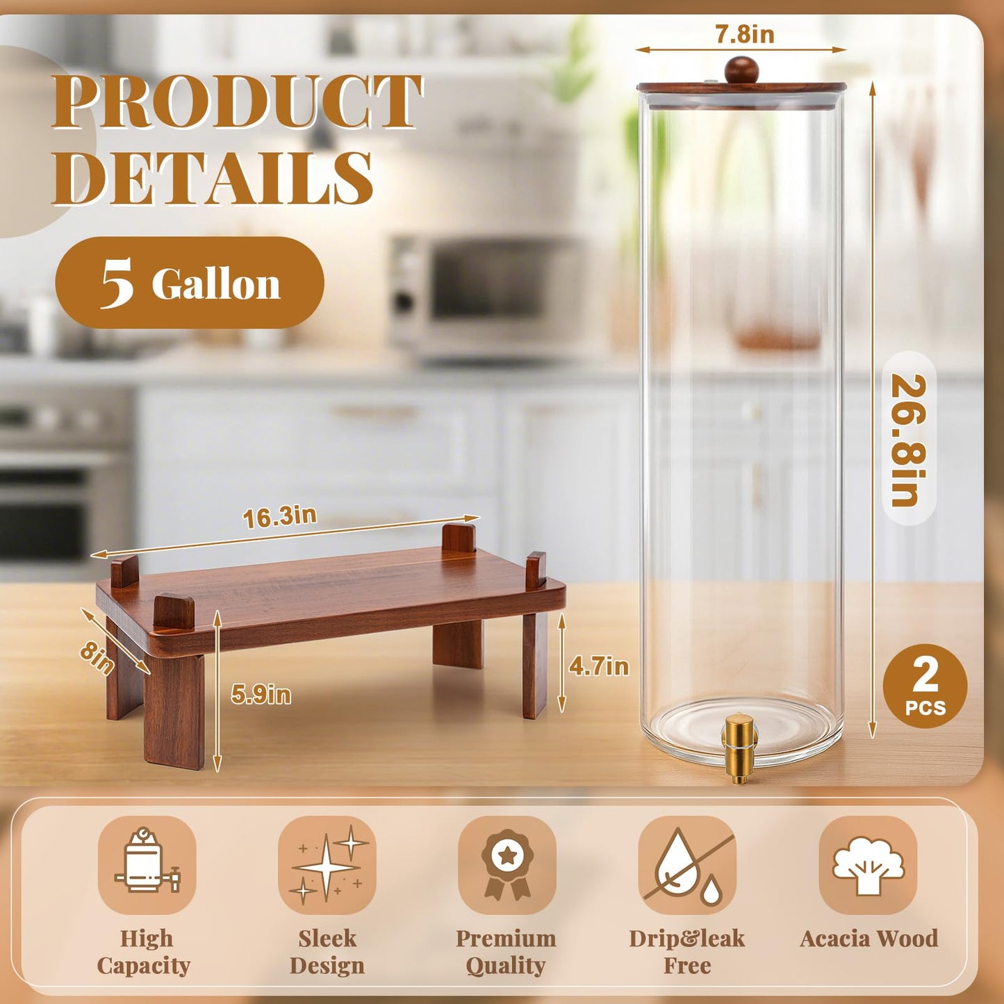 FillTouch 2 Pack 5 Gallon Glass Drink Dispenser with Acacia Wood Stand and Lid, Large Glass Beverage Dispenser with Spigot Perfect for Juice, Tea, Sangria, Lemonade, Weddings, Party, Outdoor Events
