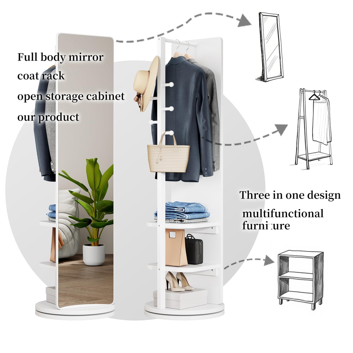 KEIKI Full Length Mirror with Cloak Rack, 66"x18" Rotatable Rubber Wood Full Body Floor Mirror for Bedroom, Living Room & Dressing Room – White