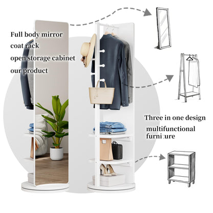 KEIKI Full Length Mirror with Cloak Rack, 66"x18" Rotatable Rubber Wood Full Body Floor Mirror for Bedroom, Living Room & Dressing Room – White