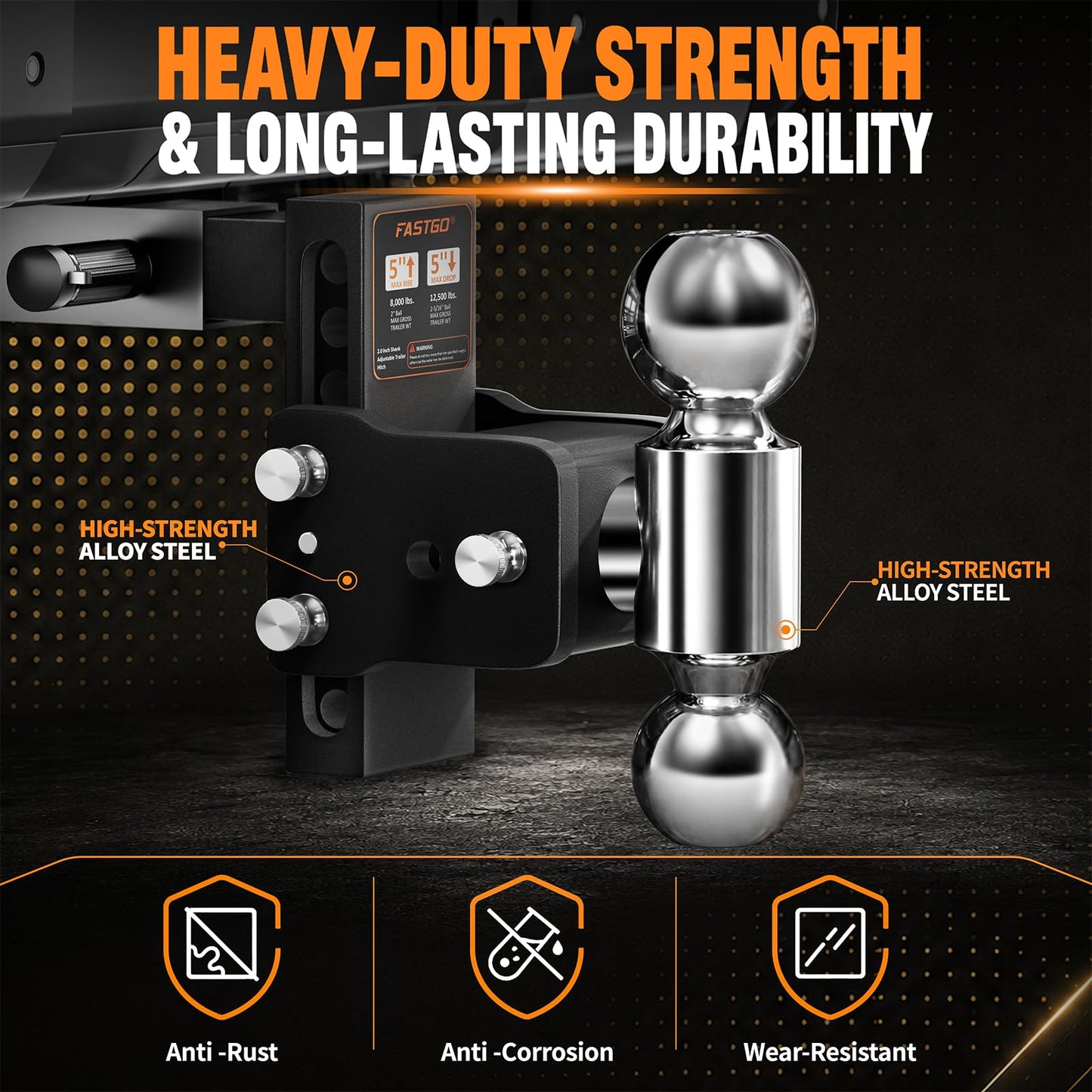 Fastgo Trailer Hitches - Fits 2" Receiver, Adjustable Trailer Hitch Ball Mount, Dual Ball (2" x 2-5/16") Tow Hitch, Drop Hitch, Truck Hitch, Anti-Theft, 5" Drop/Rise, 12500GTW