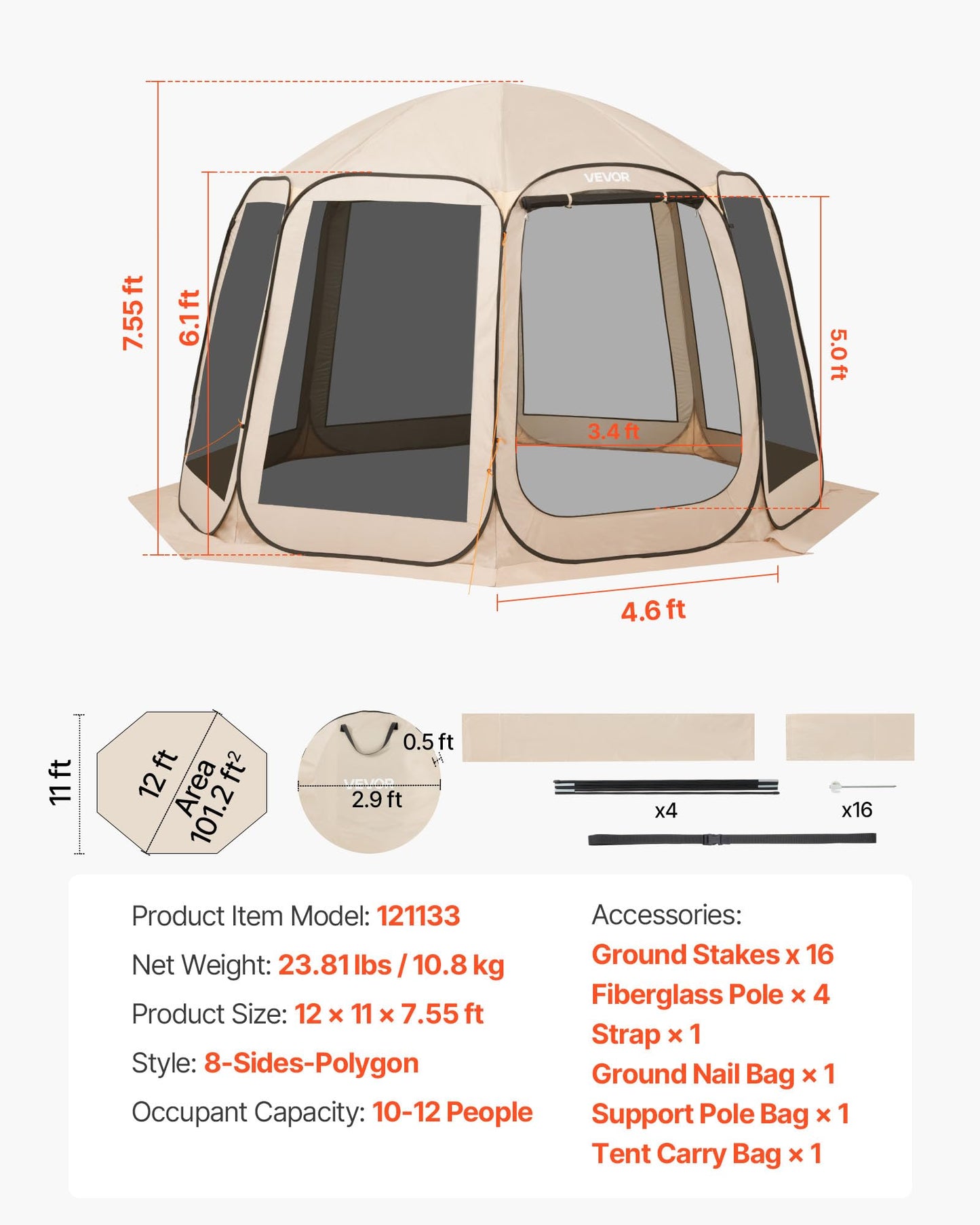 VEVOR Pop up Screen House Tent, 12 x 11 ft, 10-12 Person Screen Gazebo, Portable Screened in Canopy with Carry Bag, Netting Sides, Ground Stakes, for Garden, Patio, Backyard, Outdoor Activities, Beige