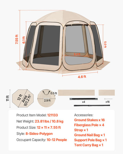 VEVOR Pop up Screen House Tent, 12 x 11 ft, 10-12 Person Screen Gazebo, Portable Screened in Canopy with Carry Bag, Netting Sides, Ground Stakes, for Garden, Patio, Backyard, Outdoor Activities, Beige