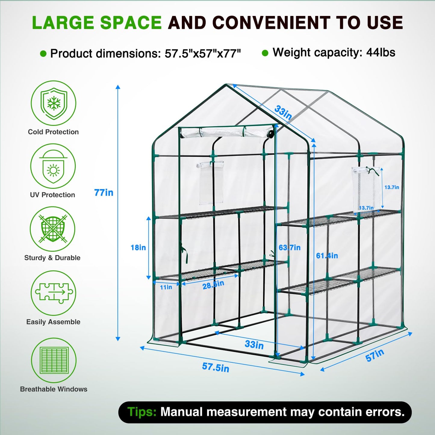 Yesker Greenhouse 57.5"x57"x77" Walk In Green House - Large Outdoor/Indoor Greenhouses with 8 Shelves Waterproof PVC Cover & Windows, Portable Greenhouse Kit for Winter Backyard Gardening Patio, Clear