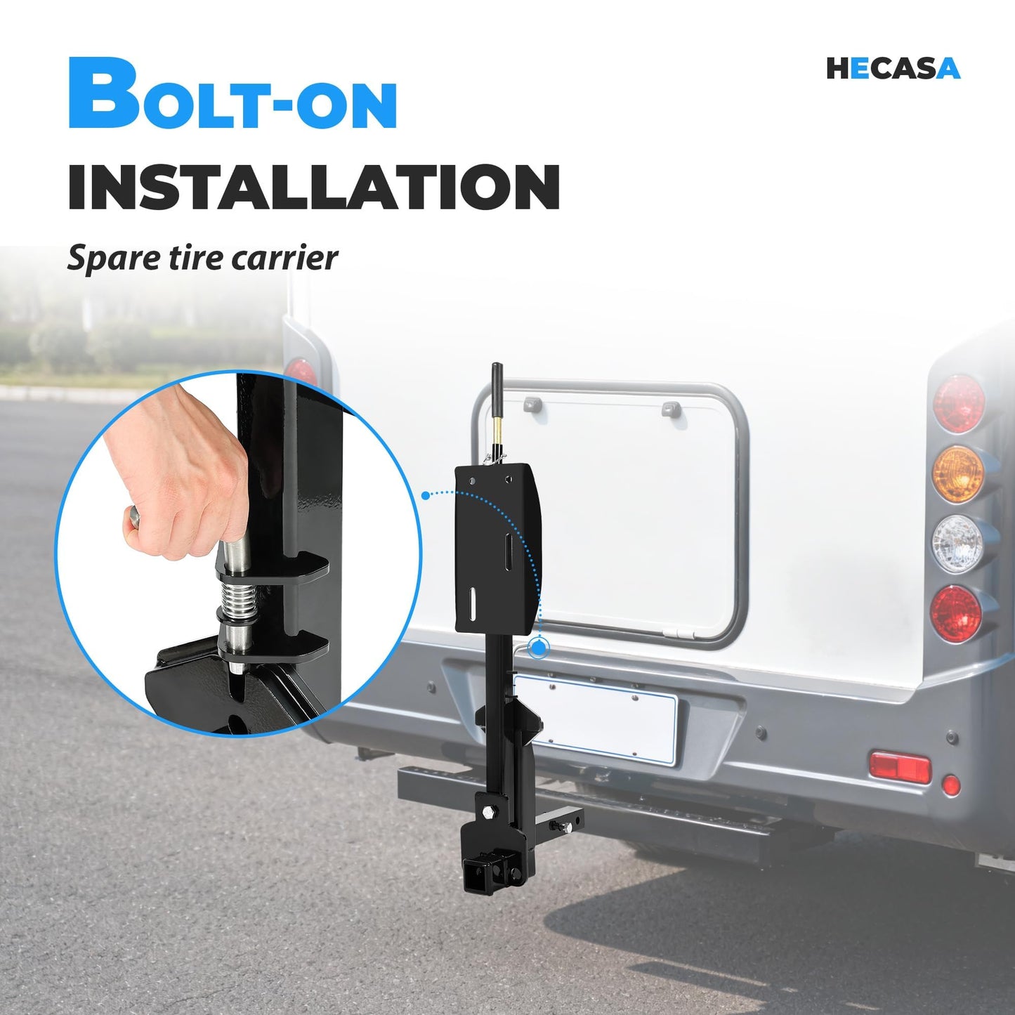 HECASA RV Spare Tire Mount Carrier Fit for 16" 16.5" 19.5" 22.5" 24" RV Wheels 2" Receiver Mount, 10,000 Pounds Capacity, 400 Pounds Tongue Weight Steel Powder Coated Black