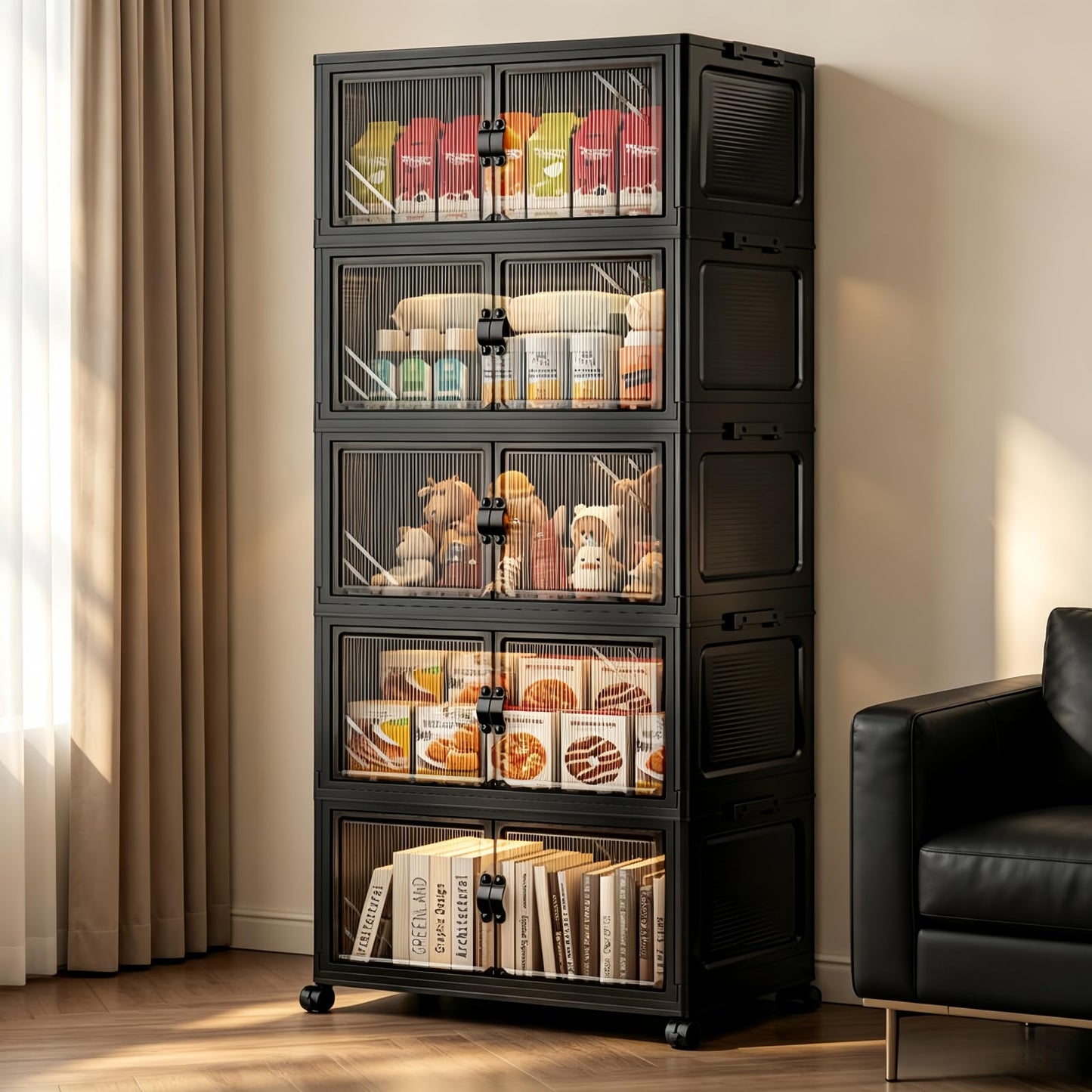 FoldTrend 5-Tier Foldable Storage Cabinet with Wheels & Lid, 242QT Large Stackable Organizer, No Tool Required, Storage Cabinet for Garage, Home Office, Pantry, Kitchen, Dorm