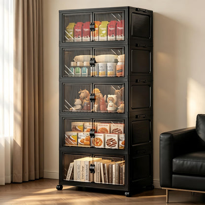 FoldTrend 5-Tier Foldable Storage Cabinet with Wheels & Lid, 242QT Large Stackable Organizer, No Tool Required, Storage Cabinet for Garage, Home Office, Pantry, Kitchen, Dorm