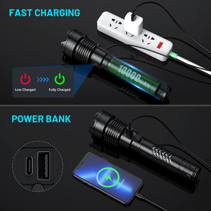 Grentay Black&Blue Rechargeable LED Flashlights High Lumens,Super Bright Flashlight with Input and Output Functions,10 Light Modes,Zoomable, IP67 Waterproof,Tactical Flashlight for Camping