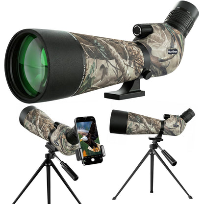 HuntTrek 25-75x100 Spotting Scope with 9 Inches Short Tripod Phone Adapter Carrying Bag Spotter Scope for Target Shooting Bird Watching Wildlife Viewing Camo