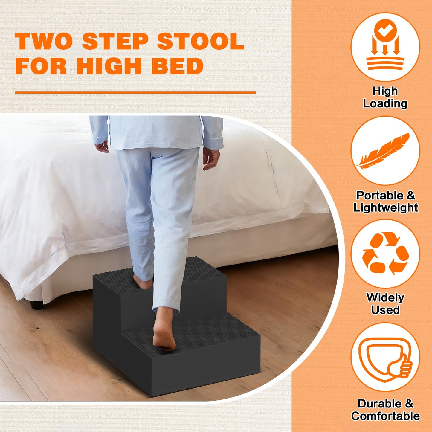 High Density Foam Two Bed Step Stool for Seniors Adults, 11.8" Rise Step with Double Sided Non-Slip Surface & Pads for High Bed/Kitchen/Door Entrance