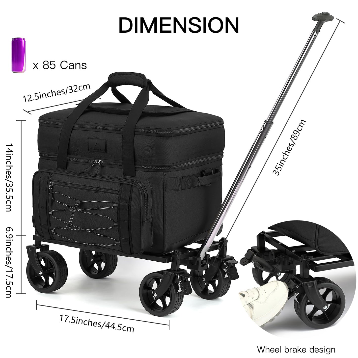 Extra Large Wheeled Portable Cooler Bag 85 Cans Double Deck Heavy Duty Rolling Insulated Cooler with All-Terrain Wheels Leakproof Tactical Soft Sided Cooler for Beach Camping Picnic Travel, Black