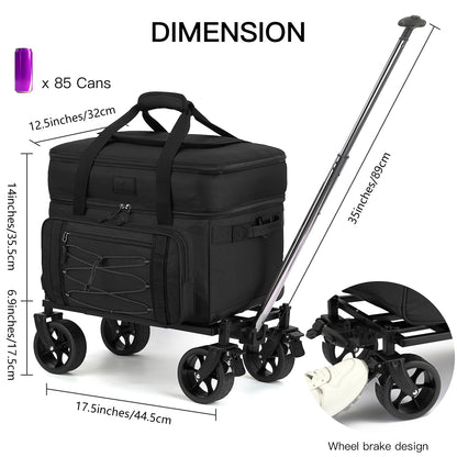 Extra Large Wheeled Portable Cooler Bag 85 Cans Double Deck Heavy Duty Rolling Insulated Cooler with All-Terrain Wheels Leakproof Tactical Soft Sided Cooler for Beach Camping Picnic Travel, Black