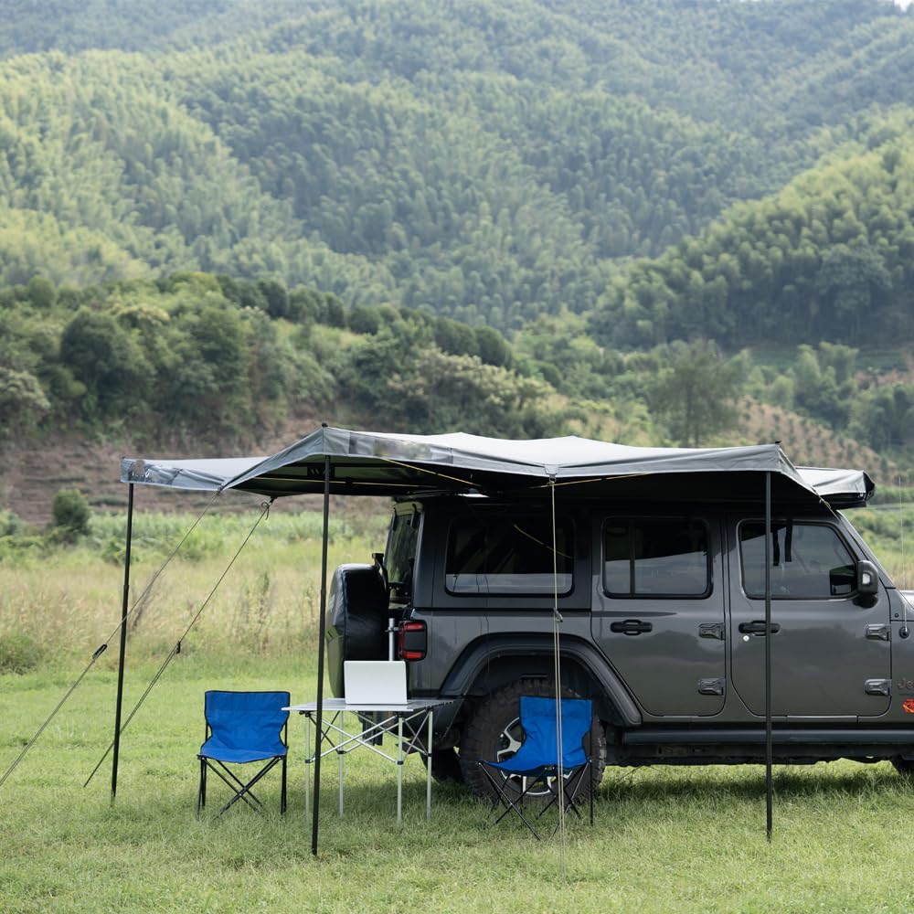 BouPower 270 Passenger Side Awning, Retractable Rooftop Tent for Car, Truck, SUV, Jeep, RV, Van, Overland Awning Cover, Sun Shelter with Light, Waterproof, UV-Proof