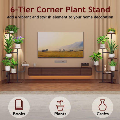 Homsorout Corner Plant Stand with Grow Light - 6 Tier Plant Stand Indoor Round Metal Plant Shelf with Adjustable Light, Plant Organizer for Living Room, Graden, Home Decor (Brown)