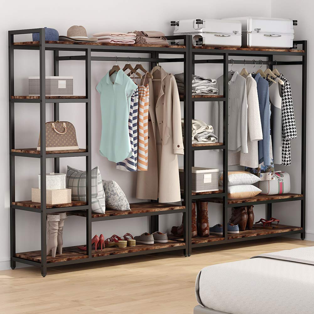 LITTLE TREE Free Standing Wood Closet Clothes Rack,Heavy Duty Grament Rack with Shelves,Hanging Racks for Clothes Clothing Rack for Bedrom,Wardrobe Closet Organizer,350 lb Capacity,Rustic