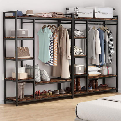 LITTLE TREE Free Standing Wood Closet Clothes Rack,Heavy Duty Grament Rack with Shelves,Hanging Racks for Clothes Clothing Rack for Bedrom,Wardrobe Closet Organizer,350 lb Capacity,Rustic