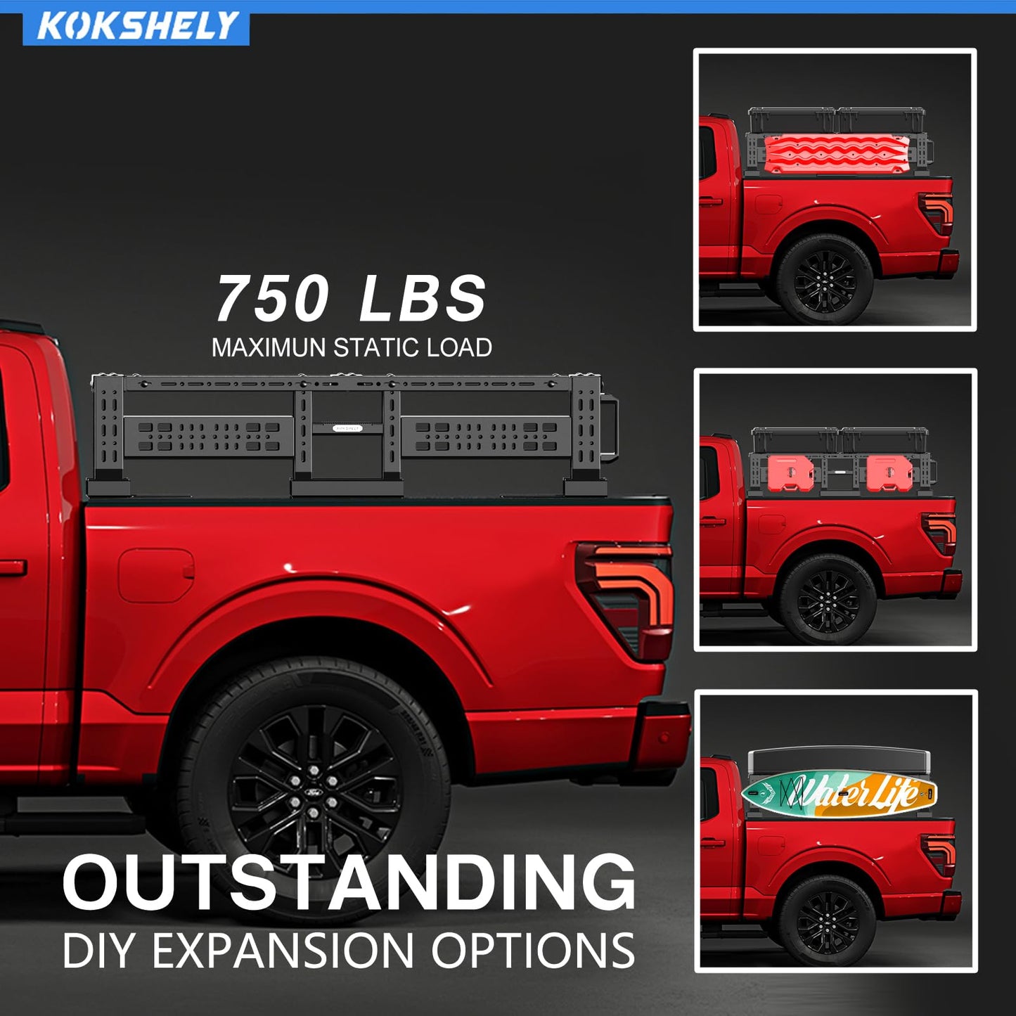 KOKSHELY Overland Truck Bed Rack for Full-Size & Mid-Size Trucks/Adjustable Truck Cargo Carrier/Tacoma Bed Rack, Fit for Tundra, Ram 1500 & HD, F-Series, Ranger, Silverado, Titan & XD,Gladiator