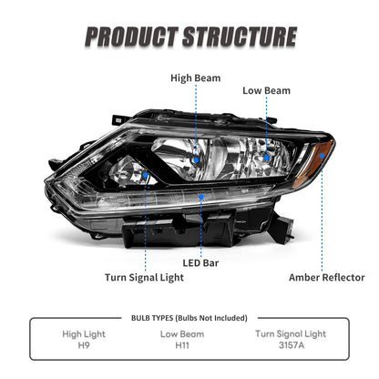 ADCARLIGHTS Headlight Assembly for 2014 2015 2016 Nissan Rogue Clear Lens Black Housing with Amber Reflector Headlamp Replacement Left and Right Pair(Only Fits Models with Halogen（W/O Bulbs）