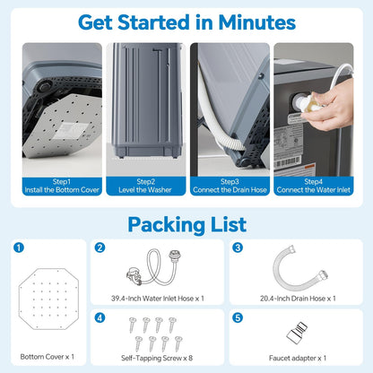 Portable Washing Machine, 7.7LBS Full-Automatic, 10 Wash Cycles, Stainless Steel Drum, Quiet Compact Washer for Apartment, Dorm, RV, Grey