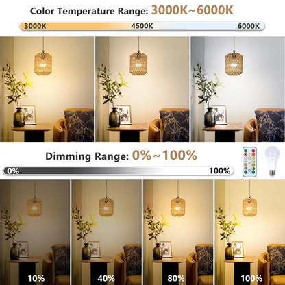 HMVPL Battery Operated Chandelier, Rattan Pendant Light with Remote, Brown, 2 Pack