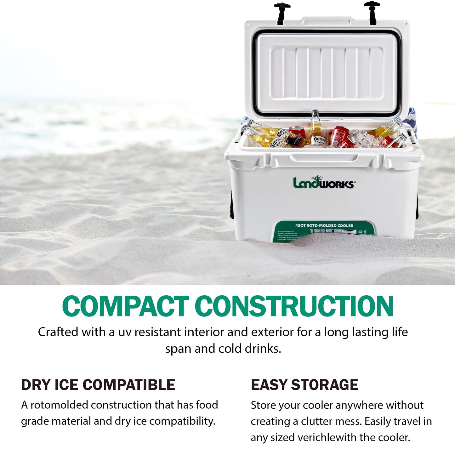 Landworks Rotomolded Ice Cooler 45QT Up to 5 Day Ice Retention Commercial Grade Food Safe Dry Ice Compatible UV Protection 15mm Gasket Bottle Openers Low Profile Latches