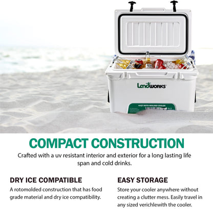 Landworks Rotomolded Ice Cooler 45QT Up to 5 Day Ice Retention Commercial Grade Food Safe Dry Ice Compatible UV Protection 15mm Gasket Bottle Openers Low Profile Latches