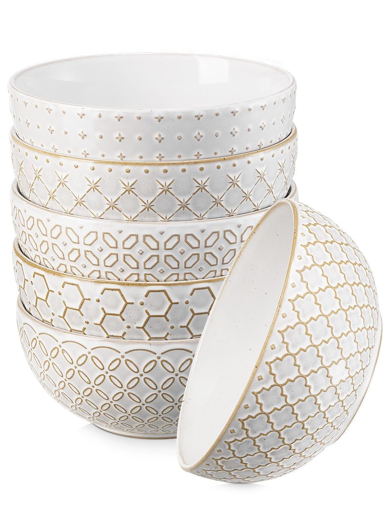 DOWAN Soup Bowls Set of 6, 26 OZ Cereal Bowls for Kitchen, 6" Ceramic Embossment Bowl for Salad, Pho, Fruits, Rice, Large Bowls Decor & Housewarming Gift, Dishwasher & Microwave Safe