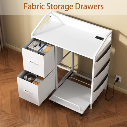 WODRAWER Printer Stand with Fabric Drawers, Lateral Office Filing Cabinets with Power outlets & USB Charging Port, File Cabinet with Large Printer Stands for Home Office, Shredder Stand Rack (White)