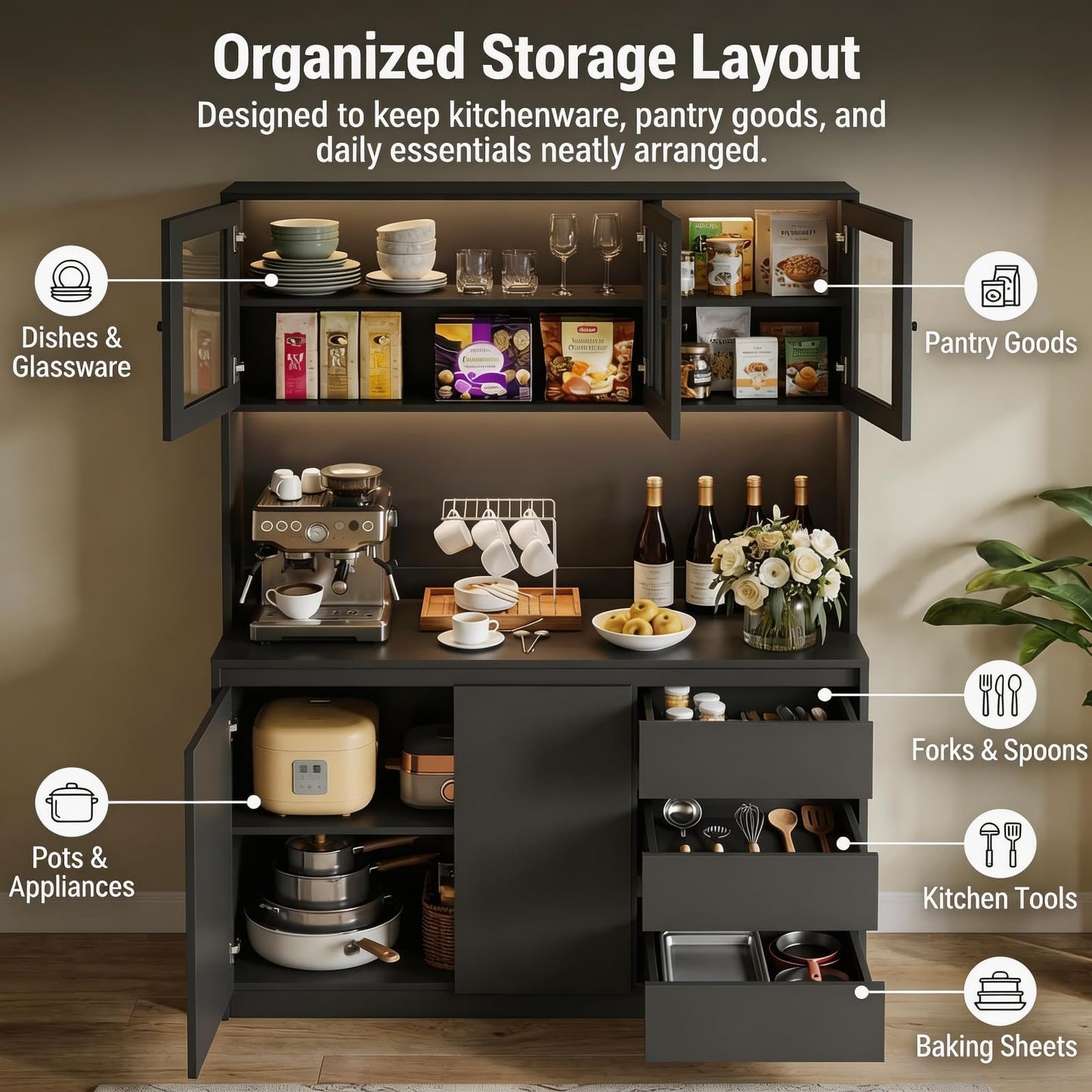 71" Kitchen Pantry Cabinet,Tall Storage Cabinet with Doors & Shelves Adjustable, Kitchen Storage Hutch with Microwave Shelf,Coffee Bar,Led Lights&Charging Station,Corner Pantry Cabinet for Living Room