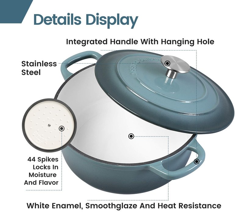EDGING CASTING Enameled Cast Iron Covered 5.5 Quart Dutch Oven with Dual Handle, Slateblue