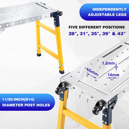 Gisafai Steel Welding Table Heavy-Duty Portable Work Platform with Casters 1100 Lbs Load Capacity Adjustable Height 55 x 14 Inch Galvanized Top Table Versatile Folding Bench