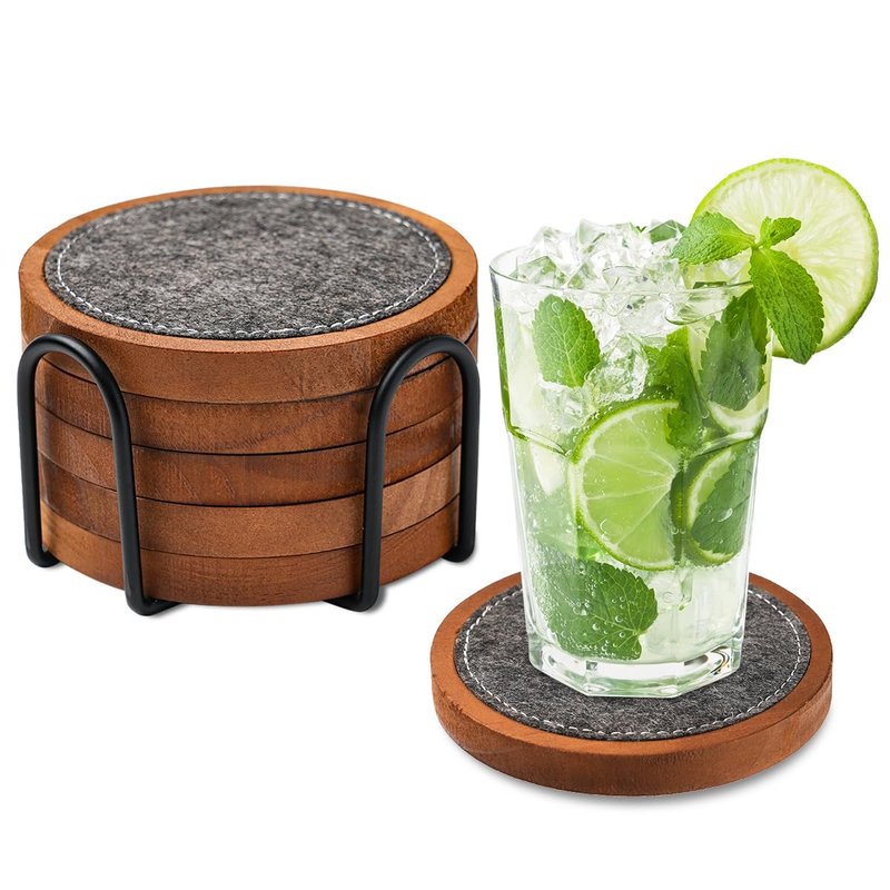 Wood Coaster for Drinks, Set of 5, Absorbent and Insulation Felt Stackable Cup Holders, Coasters for Wooden Table,4.15 inch