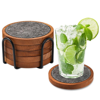Wood Coaster for Drinks, Set of 5, Absorbent and Insulation Felt Stackable Cup Holders, Coasters for Wooden Table,4.15 inch