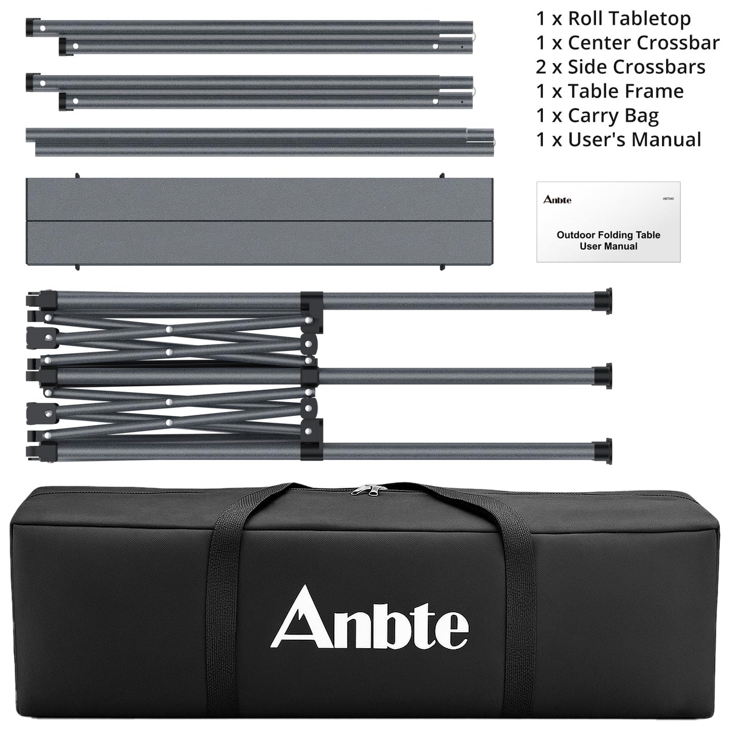 Anbte Heavy-Duty Camping Table, 48” x 23.6” Large Roll Up Camping Table for 6-8 People Support 264lbs with Carry Bag, Waterproof, Portable, for Backyard BBQ Tailgating Picnic Party Indoor, Black