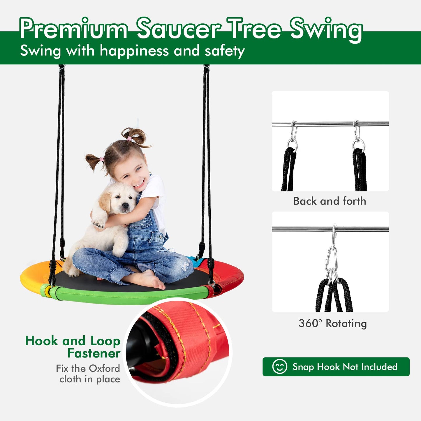 HONEY JOY 660lbs 2 Seat Metal Swing Frame Set with Saucer Swing & Belt Swing, Heavy Duty A-Frame Kids Swing Stand w/Ground Stakes and Adjustable Ropes, Outdoor Swing Sets for Backyard