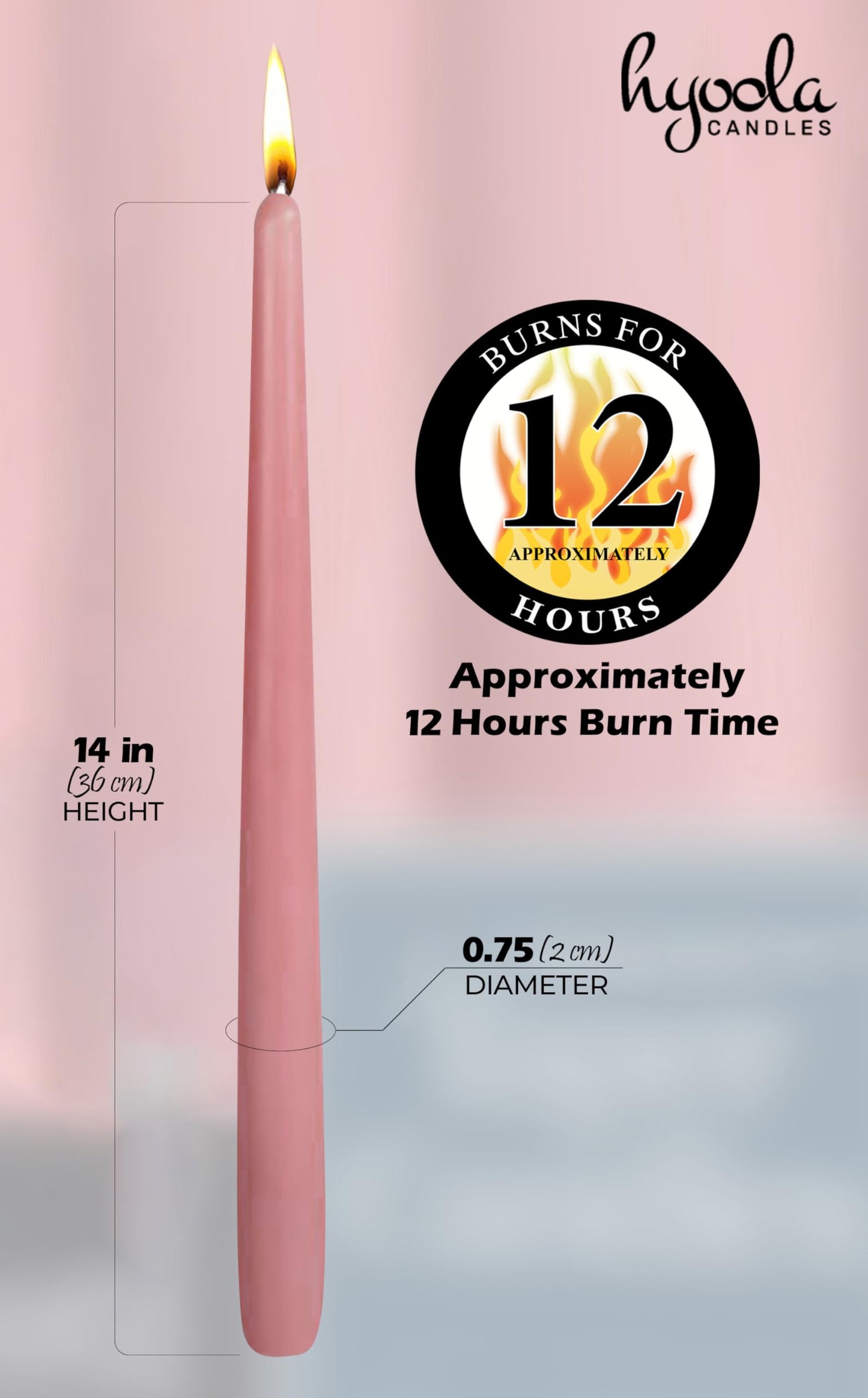 Hyoola 12 Pack Tall Taper Candles - 14 Inch Rose Pink Dripless, Unscented Dinner Candle - Paraffin Wax with Cotton Wicks - 12 Hour Burn Time