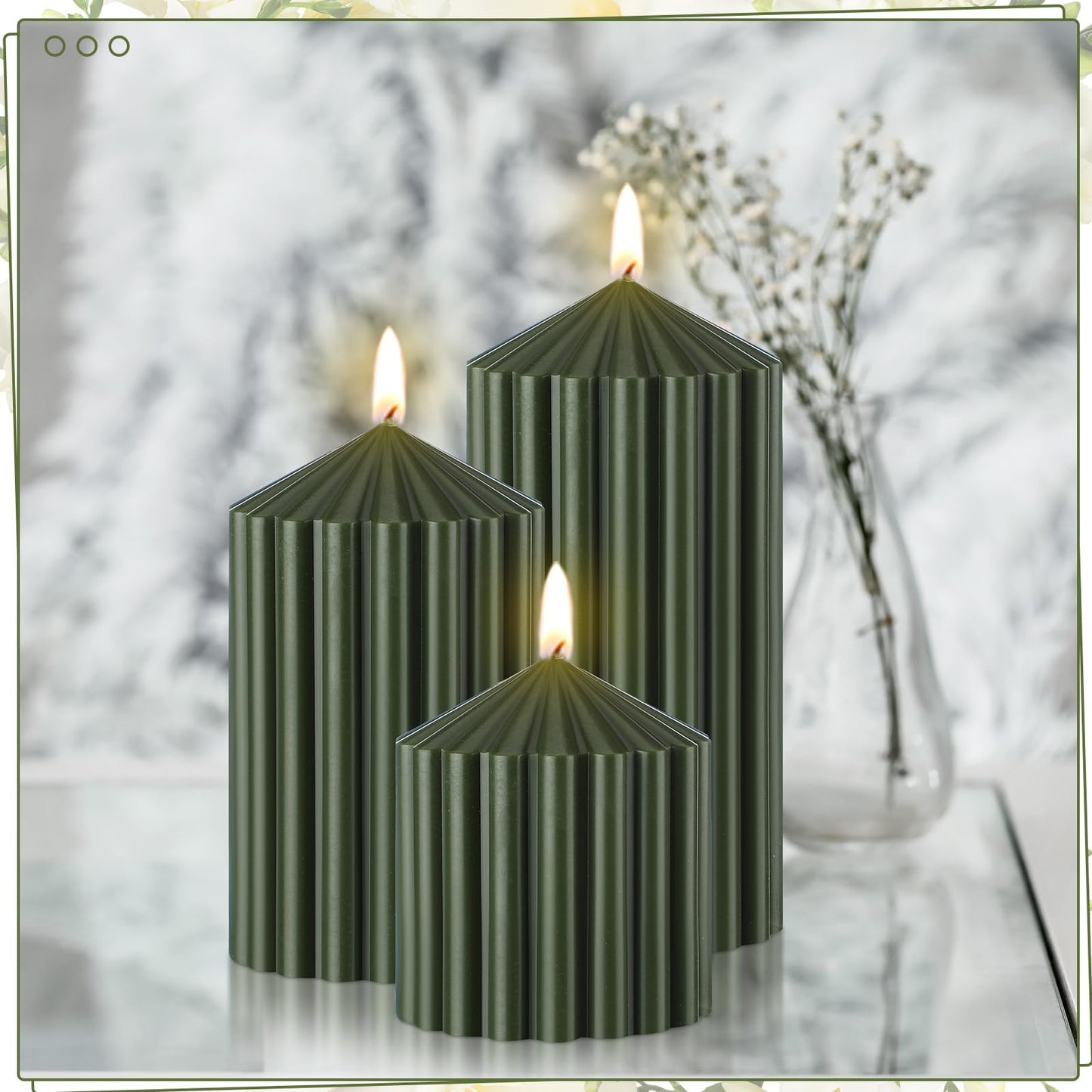 Conelist Set of 3 Moss Green Ribbed Pillar Candles Soy Wax Scented Ribbed Candles Includes 2.8, 4.2 and 5.1 Inches Heights Decorative Romantic Wedding Decoration for Couple Home Birthday Gift