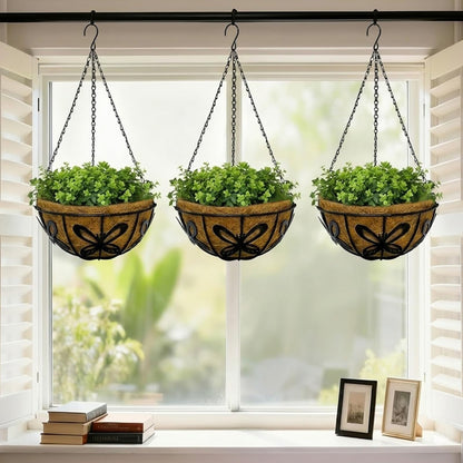 CRAYZA 14 Inch Hanging Baskets for Plants Outdoor, 3 Pack Metal Wire Hanging Planters with Coco Coir Liners, Rust-Resistant Flower Basket with Chains & Hooks for Garden Patio Porch Deck Balcony