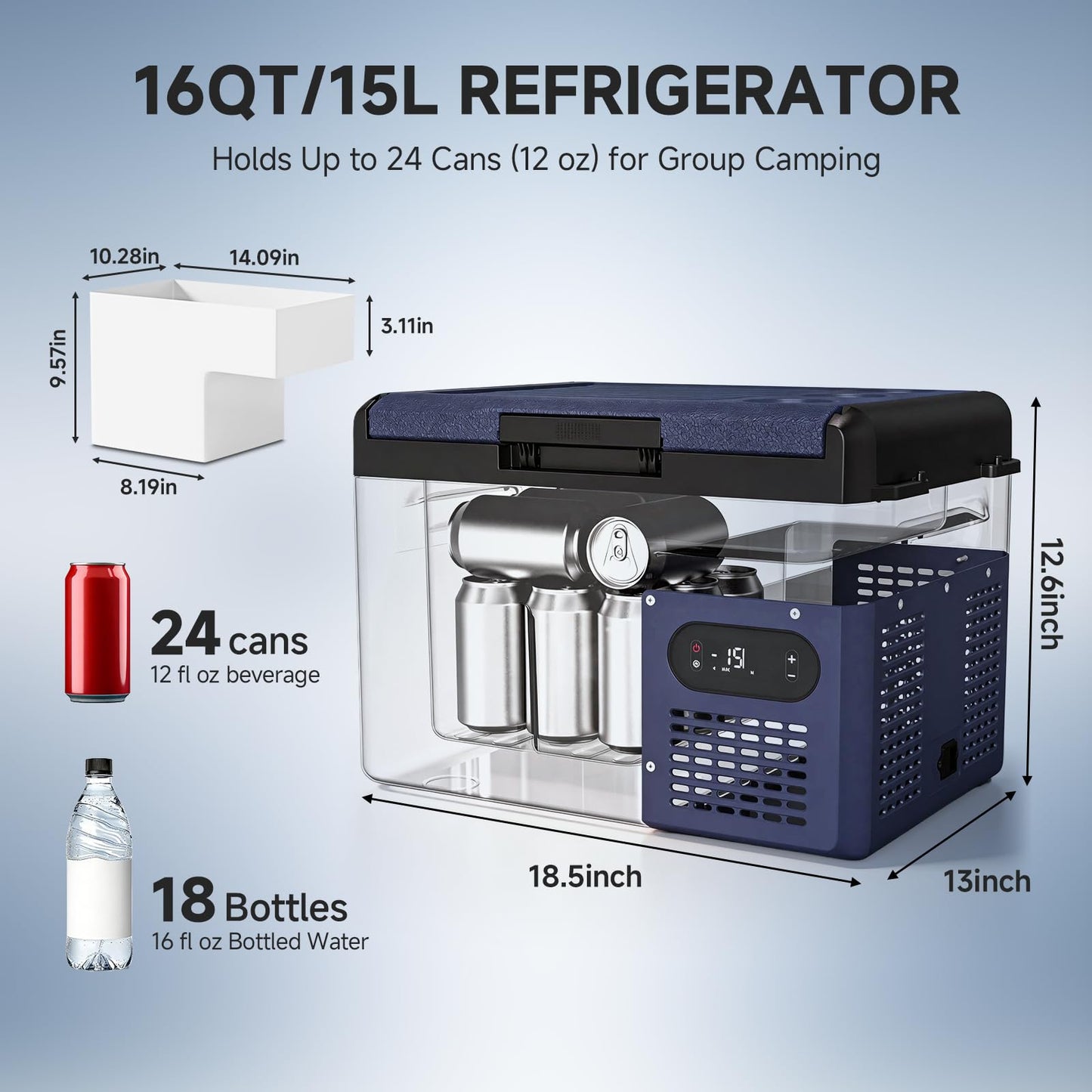 BODEGA 12 volt Car Refrigerator – 16QT Portable， Low Noise, Fast Cooling with LED Display, Multiple Charging Options, Energy-Efficient for Road Trips & Outdoor Adventures