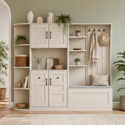 KEIKI Multifunction Entryway Storage Cabinet Set with Bench, Modular Hallway Organizer with Hooks, Open Shelves, Hidden Storage, Farmhouse Accent Cabinet for Living Room, Kitchen, Entryway, Beige