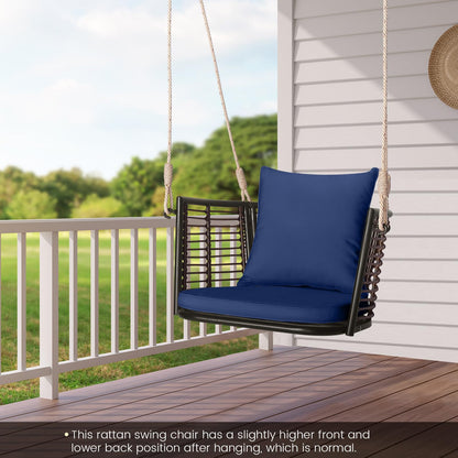 HAPPYGRILL Porch Swing Patio Hanging Rattan Basket Chair, Swing Hammock Chair with Seat Cushion & Back Cushion, PE Rattan, Sturdy Metal Frame, Wicker Hanging Rope Swing, (Navy)