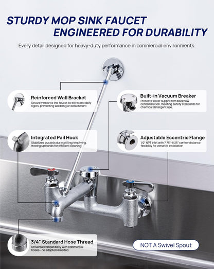 Sepaitek Commercial Mop Sink Faucet 8" Center Wall Mount, Heavy-Duty Service Sink Faucet with Vacuum Breaker 3/4" Hose Thread, for Industrial Outdoor Janitor Floor Mop Sink, Brass Casted Chrome Finish