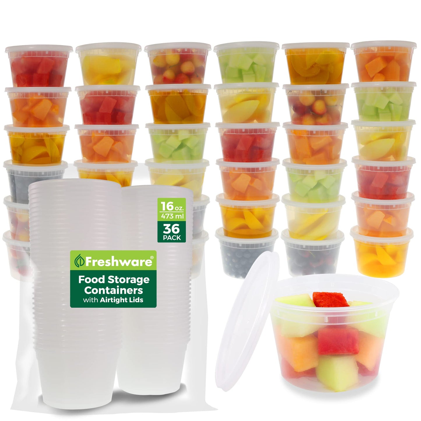 Freshware Food Storage Containers [36 Set] 16 oz Plastic Deli Containers with Lids,Slime,Soup,Meal Prep-Containers | BPA Free | Stackable-| Leakproof-| Microwave/Dishwasher/Freezer Safe,(Pack of 10)