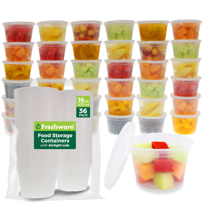 Freshware Food Storage Containers [36 Set] 16 oz Plastic Deli Containers with Lids,Slime,Soup,Meal Prep-Containers | BPA Free | Stackable-| Leakproof-| Microwave/Dishwasher/Freezer Safe,(Pack of 10)