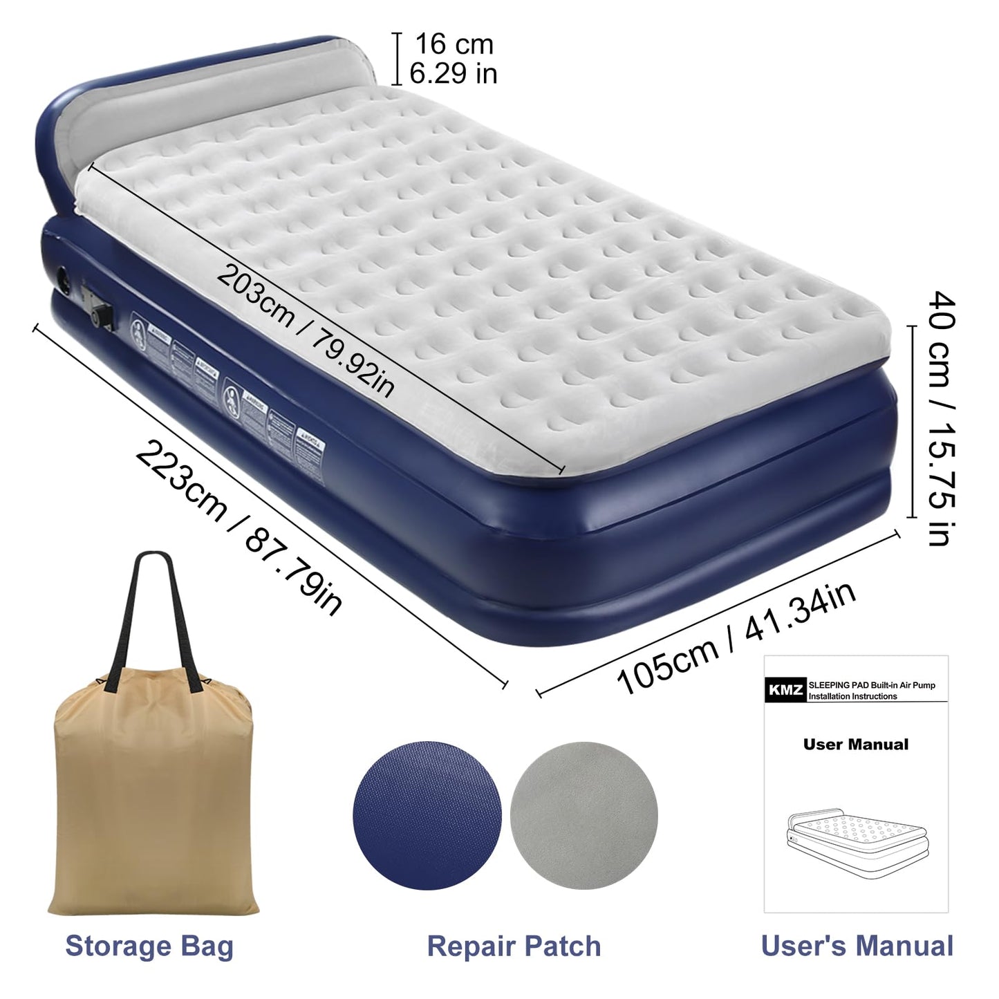 KMZ Twin XL Air Mattress with Built-in Pump, 16” Raised Inflatable Bed for Adults, Portable Blow Up Mattress for Guests, Dorms & Home Use