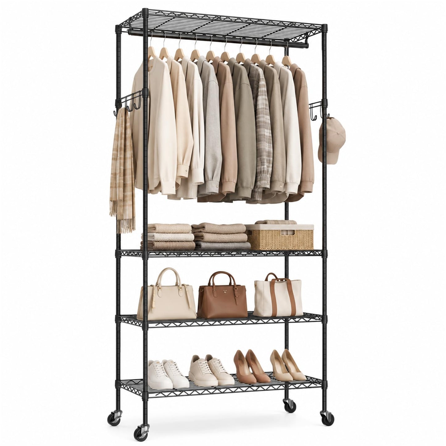 UEAKPIC 4 Tier Heavy Duty Wire Garment Rack, Adjustable Rolling Clothes Rack with Hanging Rod & Hook, Portable Closet Storage Organizers for Hanging Clothes, 35.4"W x 15.75"D x 70.9"H, 396LBS, Black