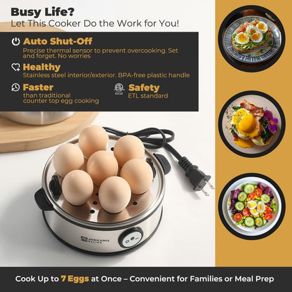 Annie & Mia Design Electric Egg Cooker, All Stainless Steel 7 Egg Capacity egg boiler, 360W, Hard, Medium, Soft Boiled Egg Poacher, egg steamer, Multi-function, Auto Shut-Off Function, BPA-free