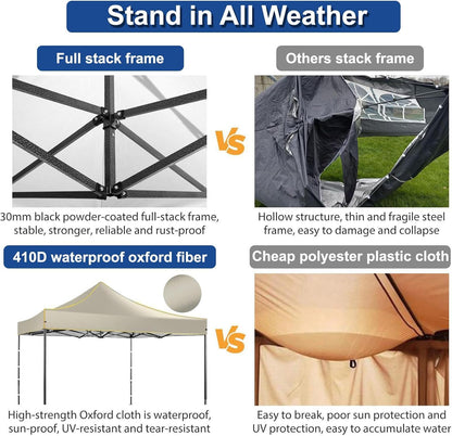 COBIZI 10x10 Heavy Duty Pop up Canopy with 4 Removable Sidewalls, Canopy Tent with Portable Bag, Pop up Tent Commercial Gazebo Waterproof Sunshade for All Weather Party Camp Stall Patio,Khaki