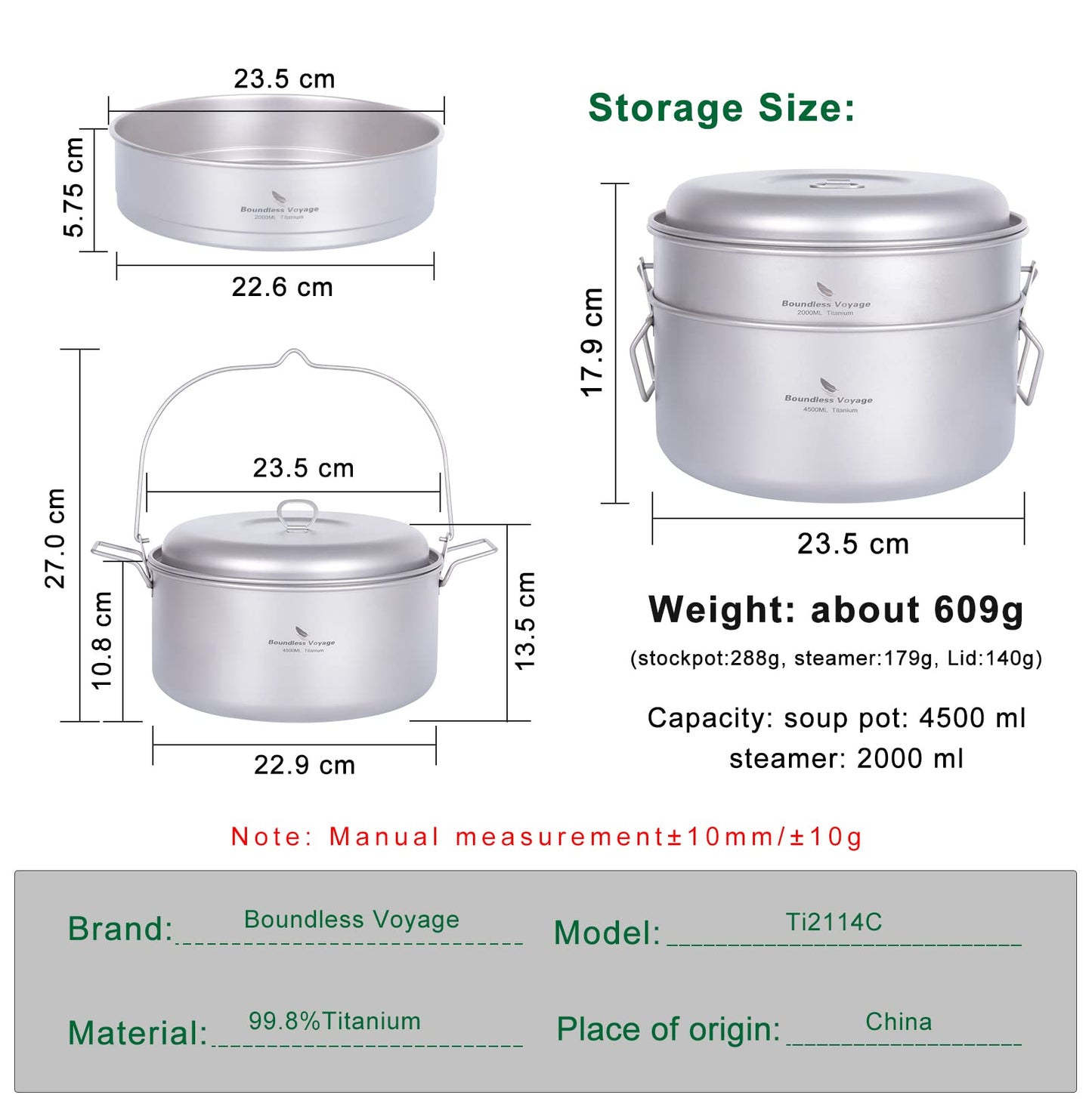 Boundless Voyage Titanium Food Steamer Pan Stock Pot Soup Pot Outdoor Hanging Pot Portable Travel Household Kitchenware Cooking Kit Hot Pot for Camping Picninc (Ti2114C(4.5 Pot+2l Steamer))
