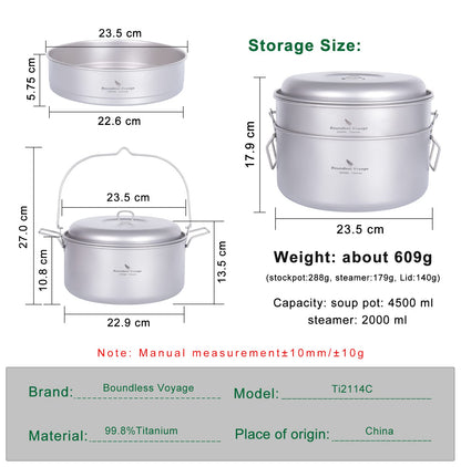 Boundless Voyage Titanium Food Steamer Pan Stock Pot Soup Pot Outdoor Hanging Pot Portable Travel Household Kitchenware Cooking Kit Hot Pot for Camping Picninc (Ti2114C(4.5 Pot+2l Steamer))
